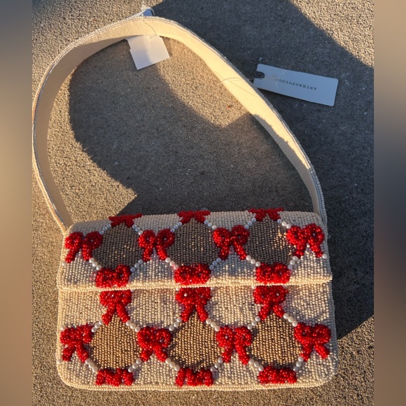 Anthropologie Handbags - NEW Anthropologie Fiona Maeve Beaded Red Bows on Checker pattern bag small